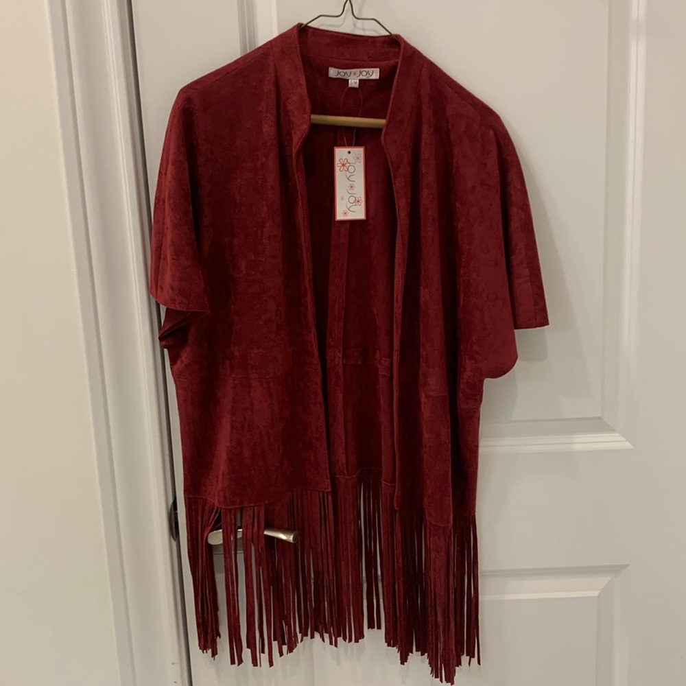 Maroon suede feel vest with fringe